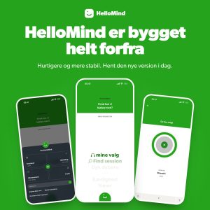 Selvhypnose app: den nye HelloMind vist på tre telefoner