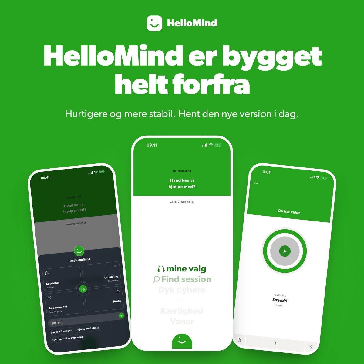 Selvhypnose app: den nye HelloMind vist på tre telefoner