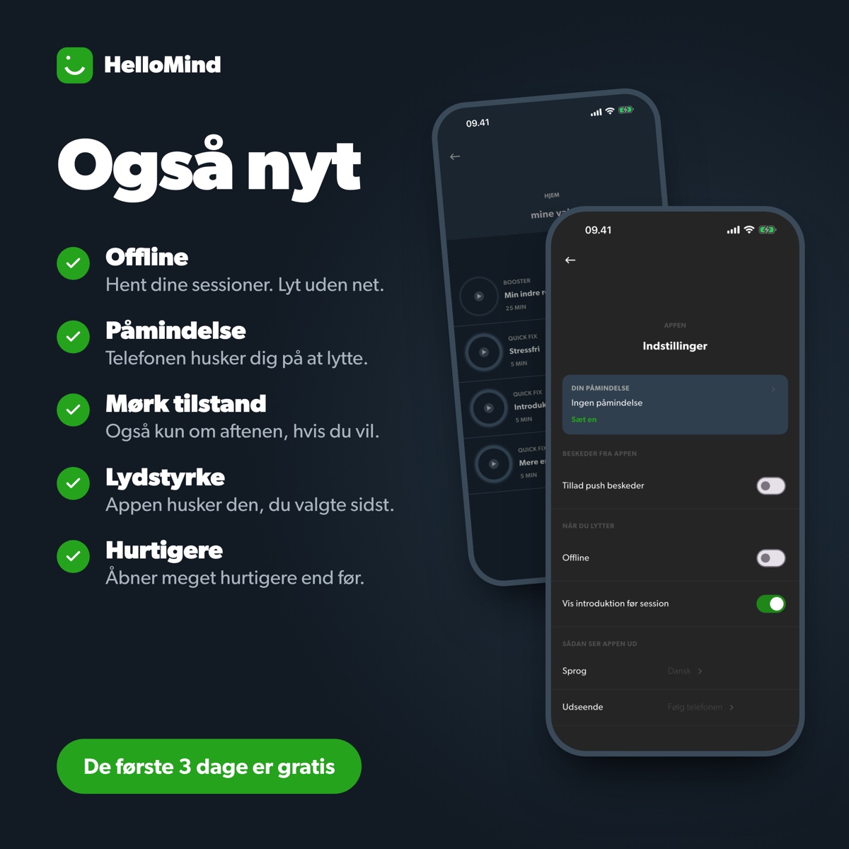 Nyt i HelloMind: offline, påmindelse og mørk tilstand