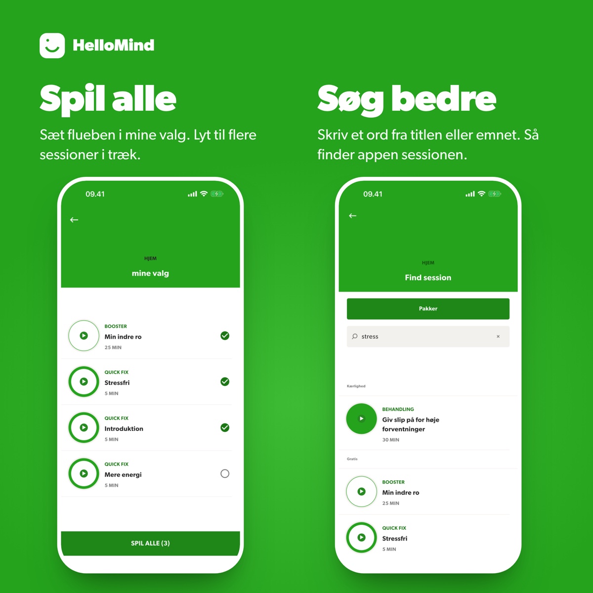 Spil alle og søgning i HelloMind, appen til selvhypnose